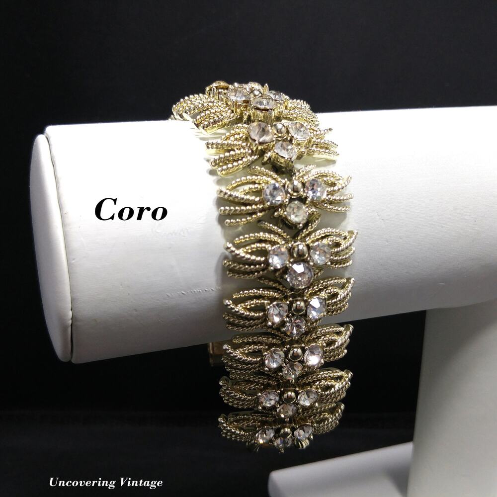 Vintage Coro Pegasus Rhinestone Bracelet Wide Gold Tone 1950s